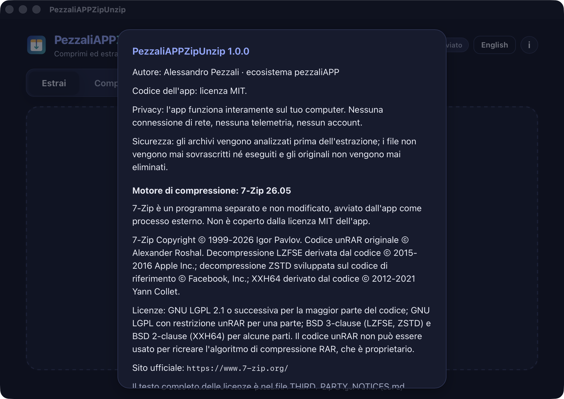 Finestra Informazioni di PezzaliAPPZipUnzip 1.0.0: autore Alessandro Pezzali, licenza MIT, privacy, sicurezza e motore di compressione 7-Zip 26.05 con copyright e licenze.