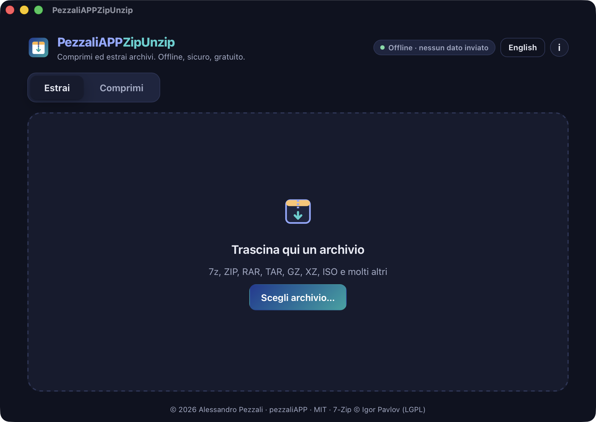 Schermata principale di PezzaliAPPZipUnzip in italiano: schede Estrai e Comprimi, area «Trascina qui un archivio», pulsante «Scegli archivio…» e indicazione «Offline · nessun dato inviato».